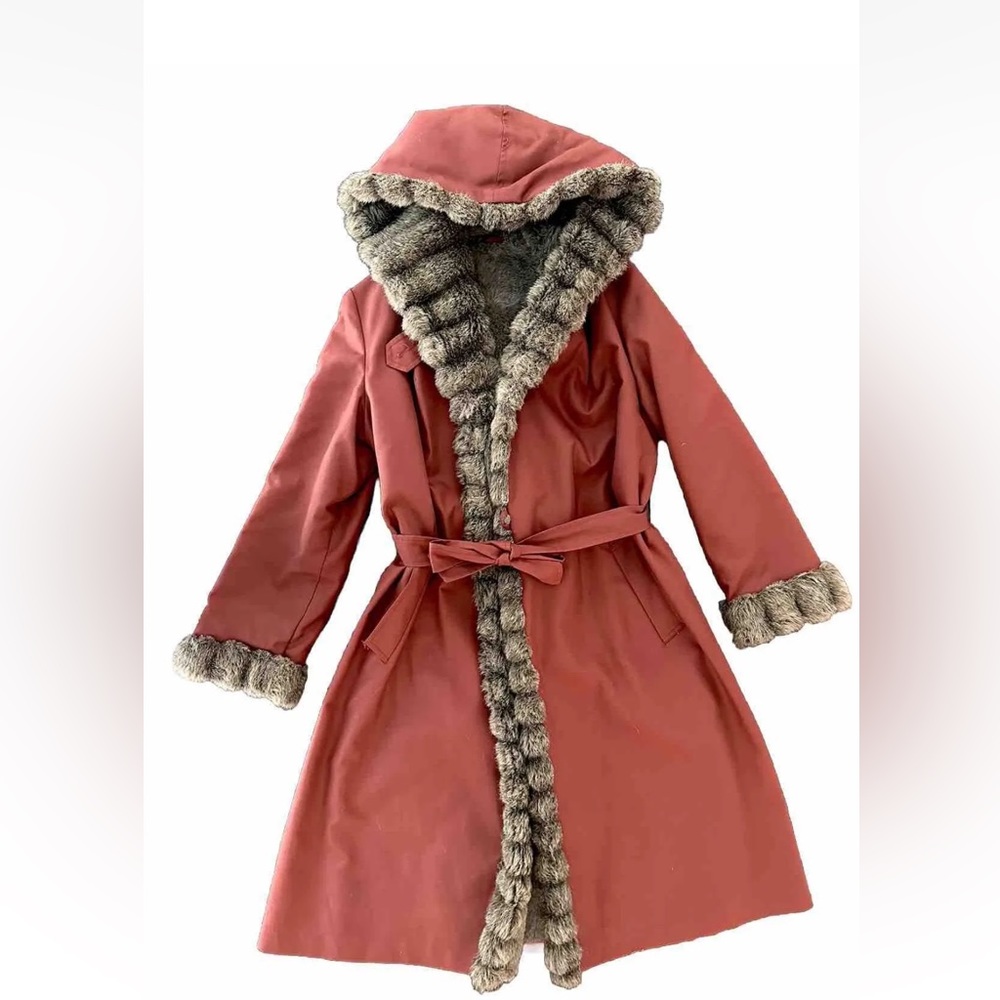 Vintage Smug Faux Fur Hooded Long Red Heavy Trench Coat Size Small
